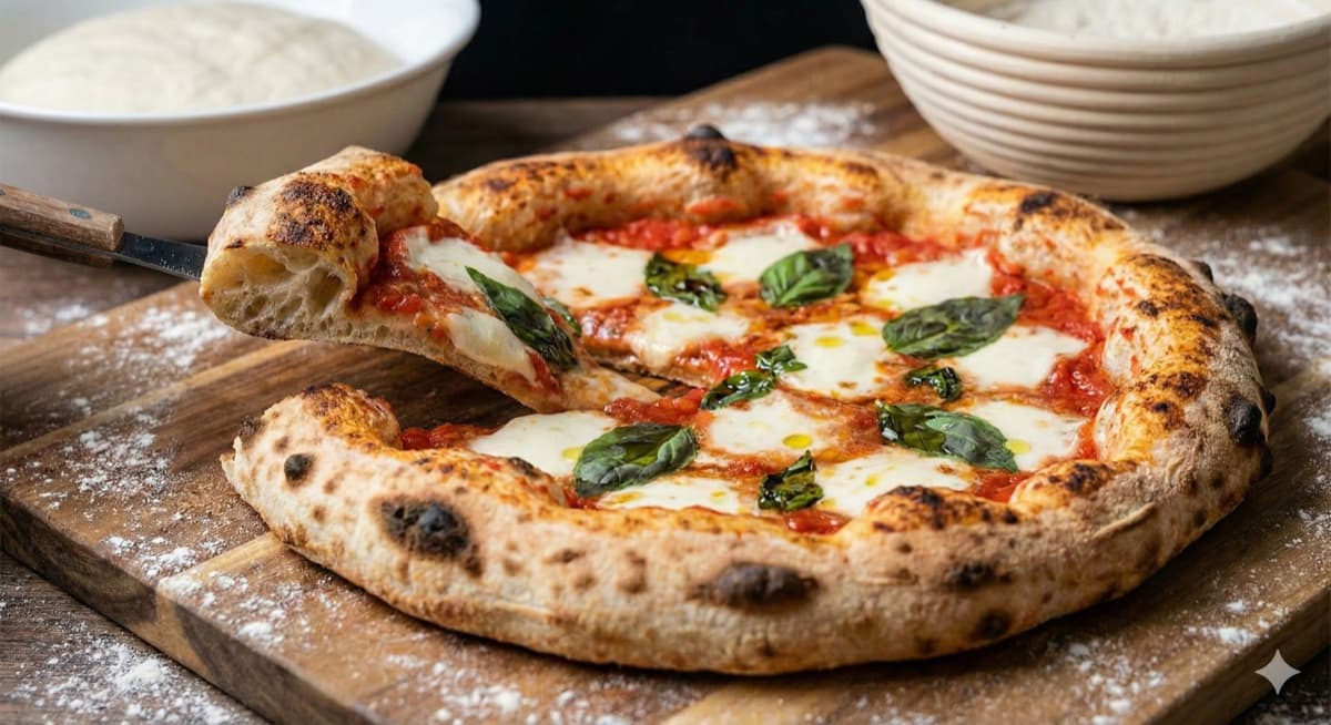 A freshly baked homemade pizza with golden crust, tomato sauce, melted mozzarella, and assorted toppings