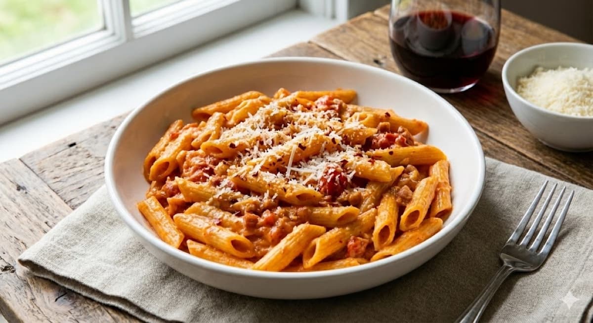 A bowl of penne pasta coated in a creamy blush vodka sauce, topped with freshly grated Parmesan