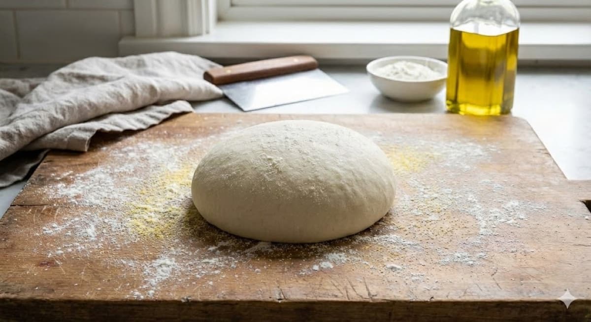 A smooth ball of pizza dough resting on a lightly floured wooden surface