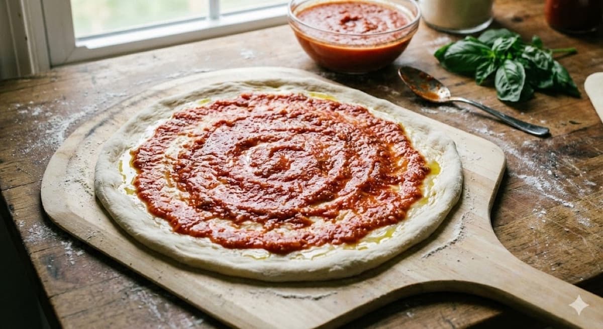 A small bowl of rich red pizza sauce surrounded by whole spices and a can of tomato paste